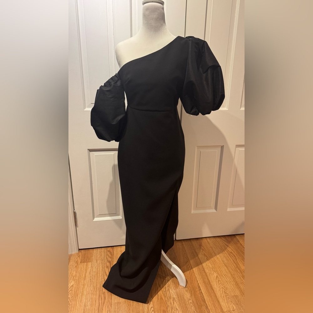 Likely Natasha One-shoulder Black Puff Sleeve Gown, size 4